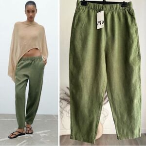 ZARA Women's Linen Olive‎ Green Trousers Pants Size medium